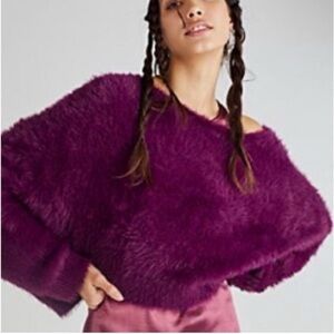 Free People One Crilla Pullover Sweater Purple (Black Cherry) Crop Furry Size S